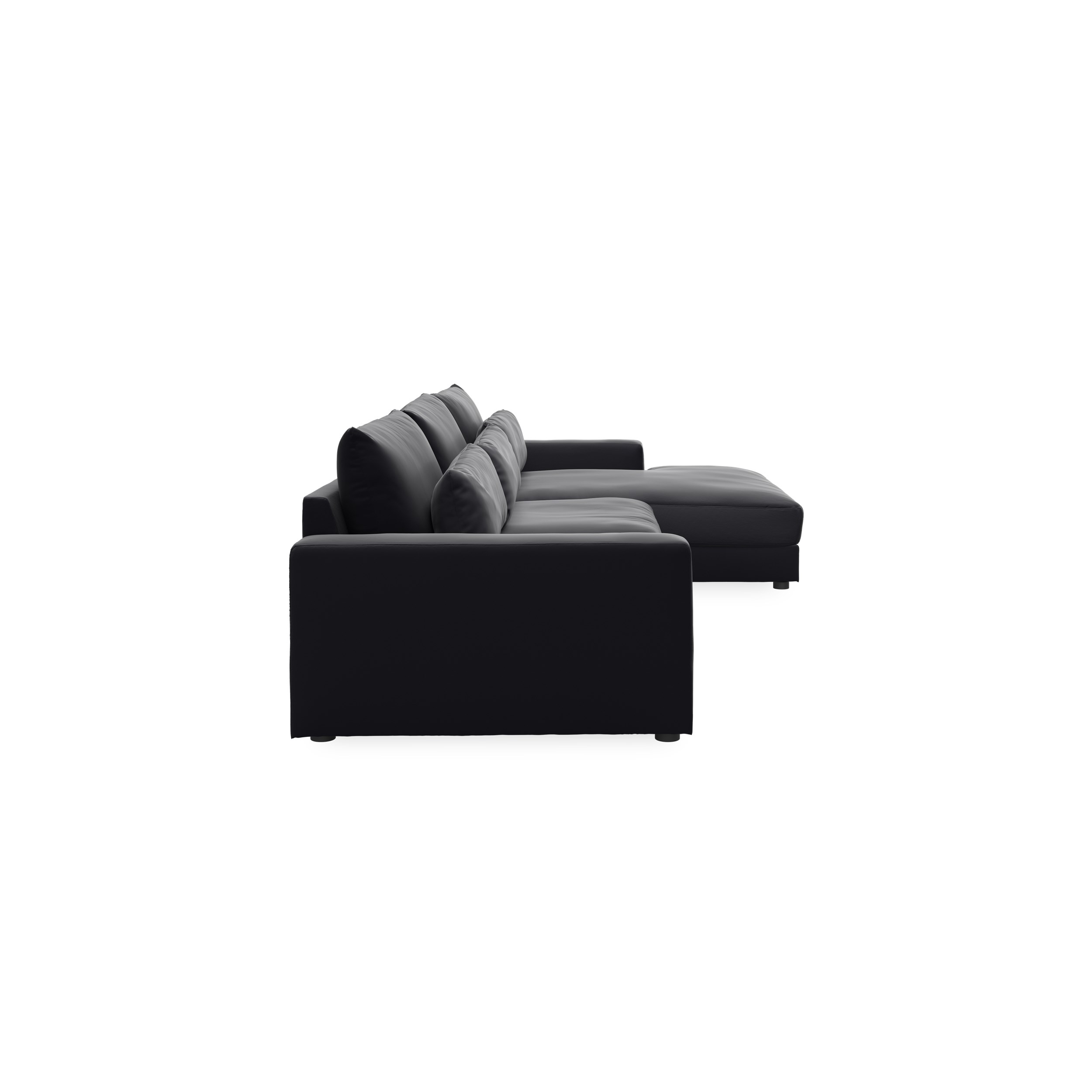 Halmstad högervänd soffa med schäslong - Black läder/split och ben i svart plast