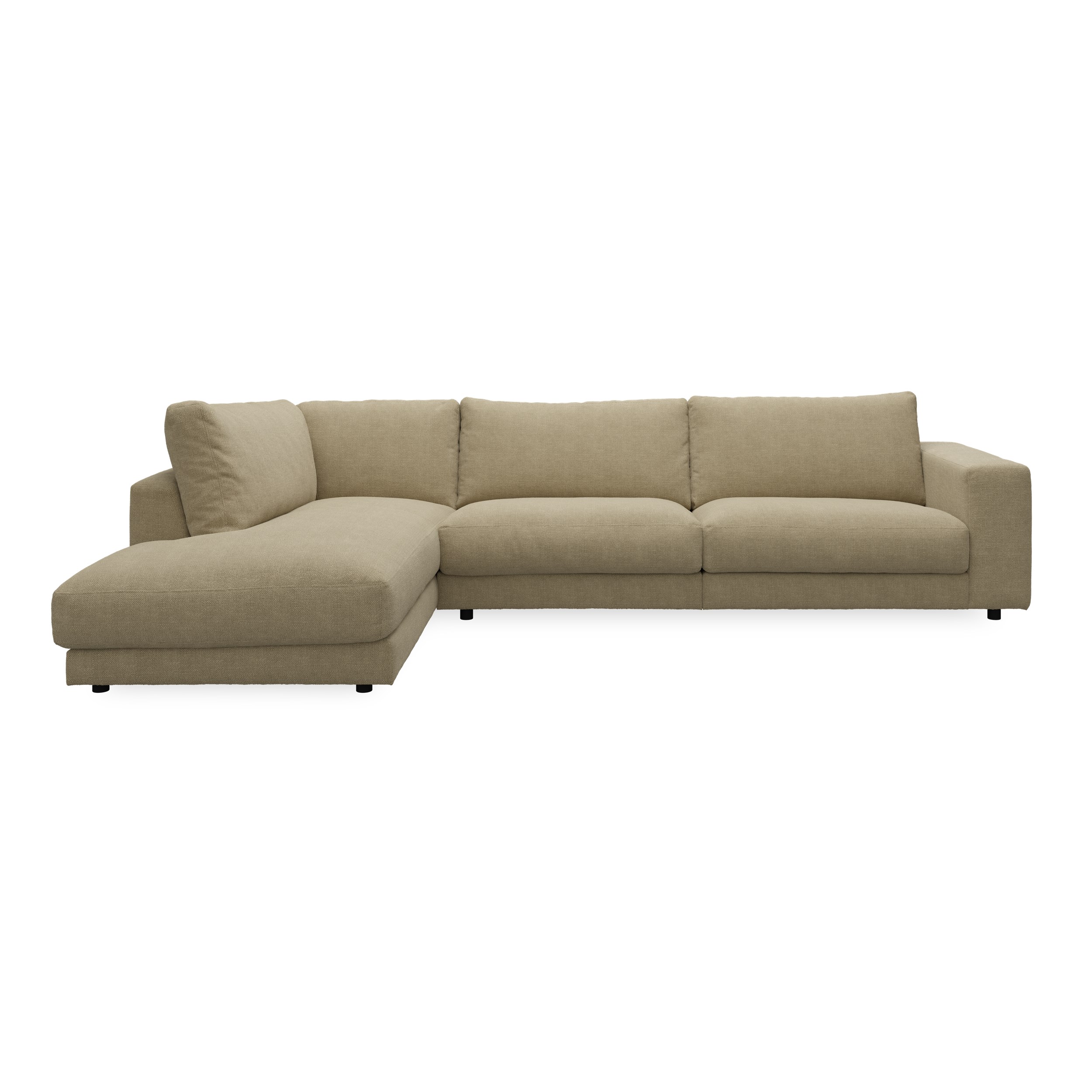 Bennent vänstervänd soffa med divan - Picasso Sand klädsel, ben i svart plast och S:skum/fib/din/sili R:Dun/skum