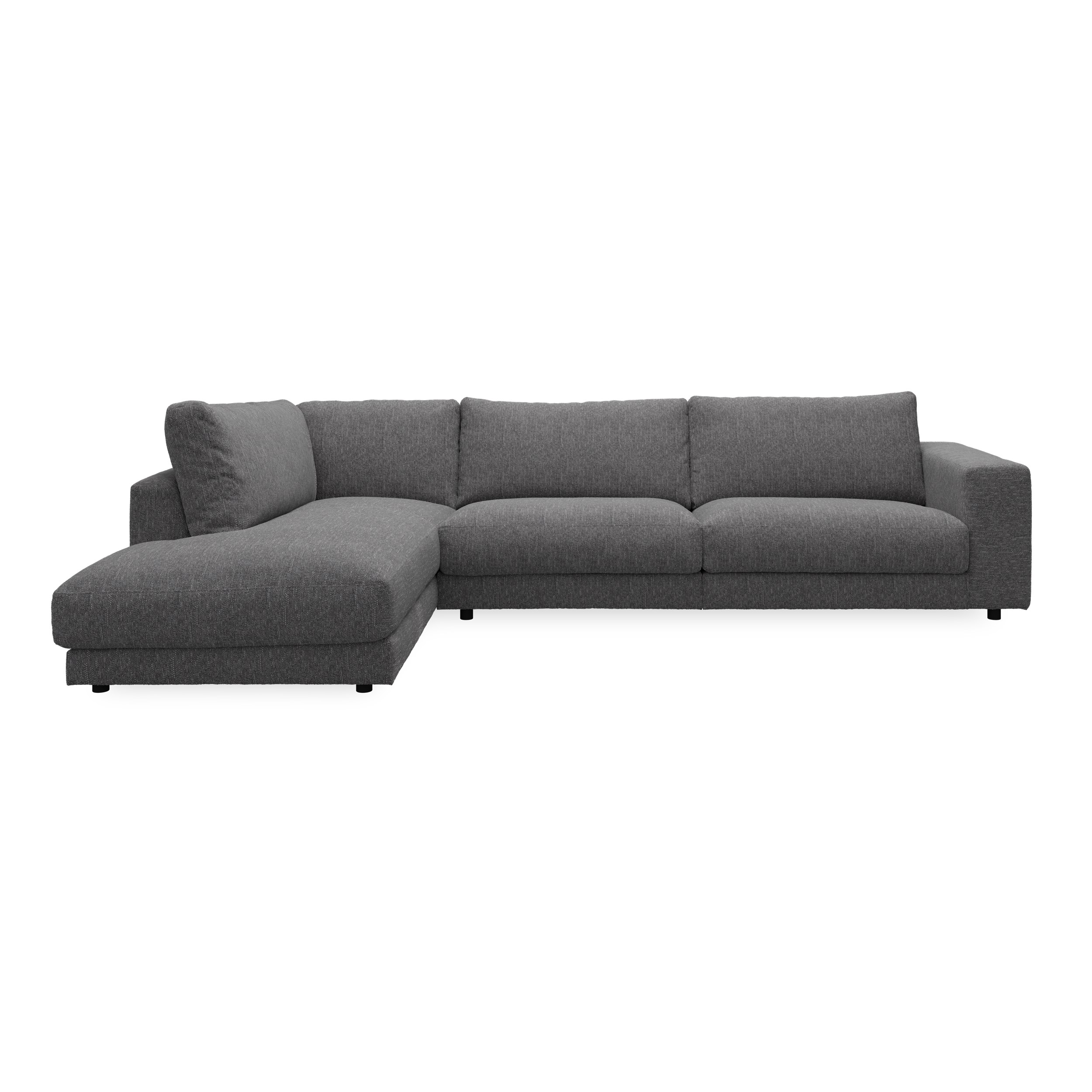 Bennent vänstervänd soffa med divan - Yelda Grey klädsel, ben i svart plast och S:skum/fib/din/sili R:Dun/skum