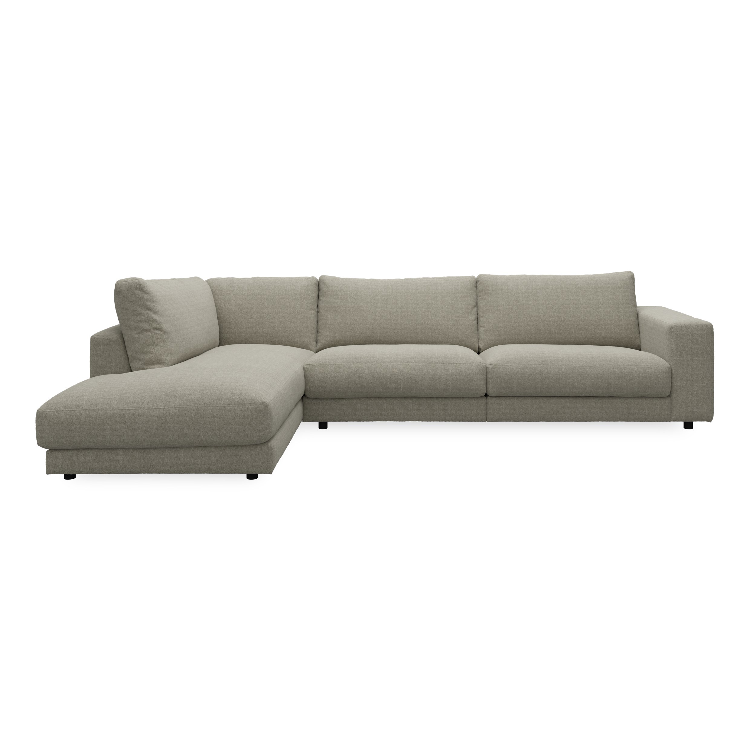 Bennent vänstervänd soffa med divan - Yelda Taupe klädsel, ben i svart plast och S:skum/fib/din/sili R:Dun/skum