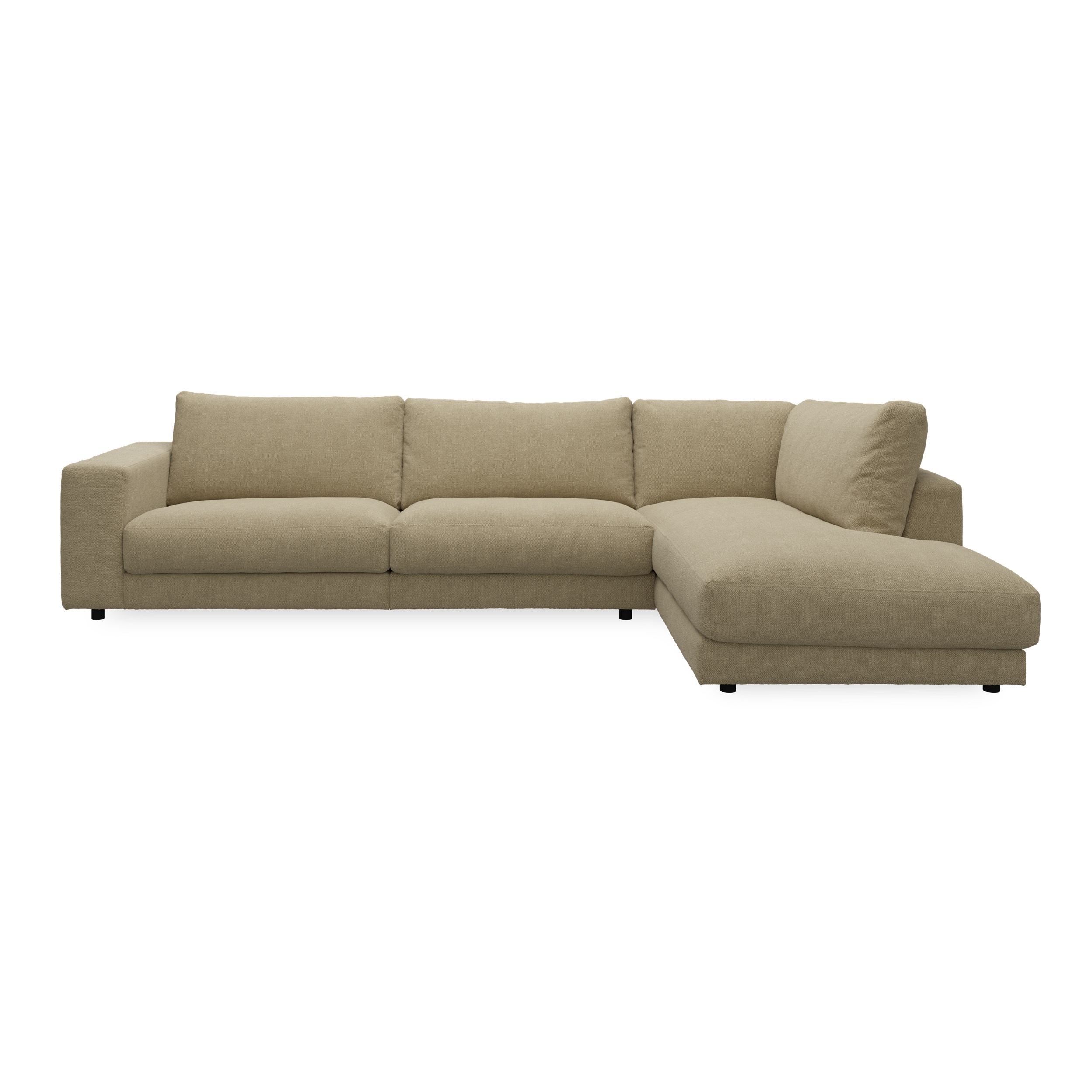 Bennent högervänd soffa med divan - Picasso Sand klädsel, ben i svart plast och S:skum/fib/din/sili R:Dun/skum