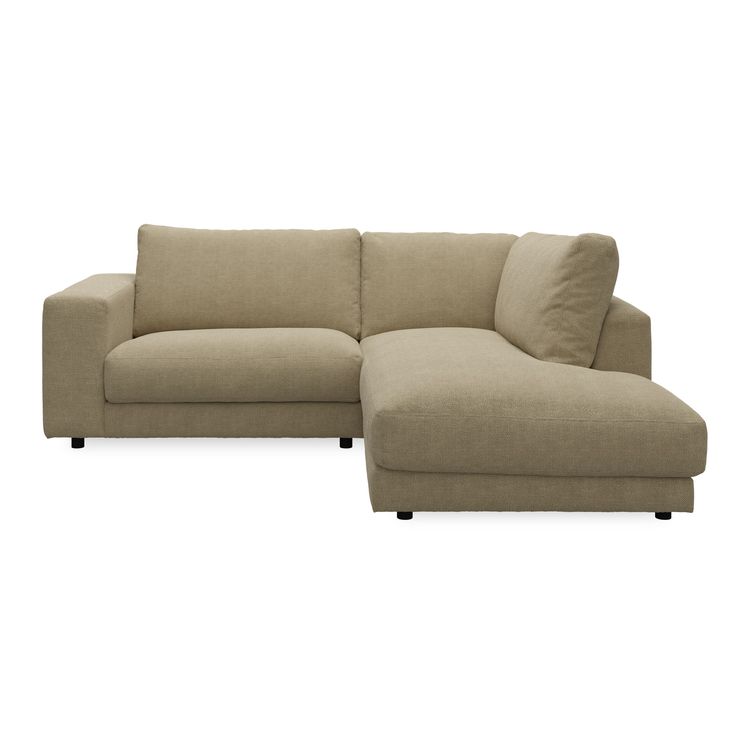 Bennent högervänd soffa med divan - Picasso Sand klädsel, ben i svart plast och S:skum/fib/din/sili R:Dun/skum