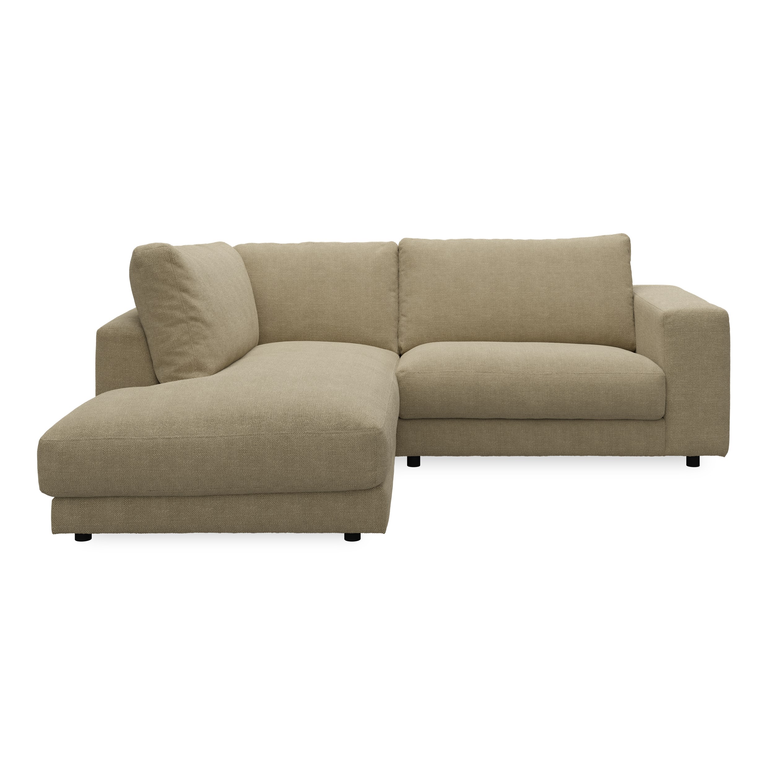 Bennent vänstervänd soffa med divan - Picasso Sand klädsel, ben i svart plast och S:skum/fib/din/sili R:Dun/skum