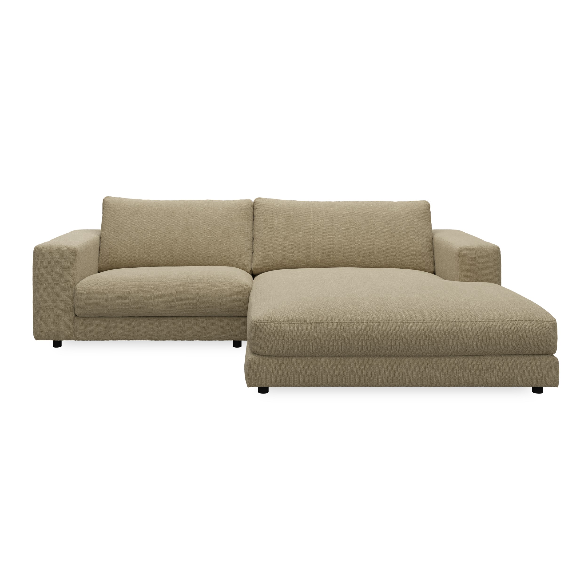 Bennent högervänd soffa med schäslong - Picasso Sand klädsel, ben i svart plast och S:skum/fib/din/sili R:Dun/skum