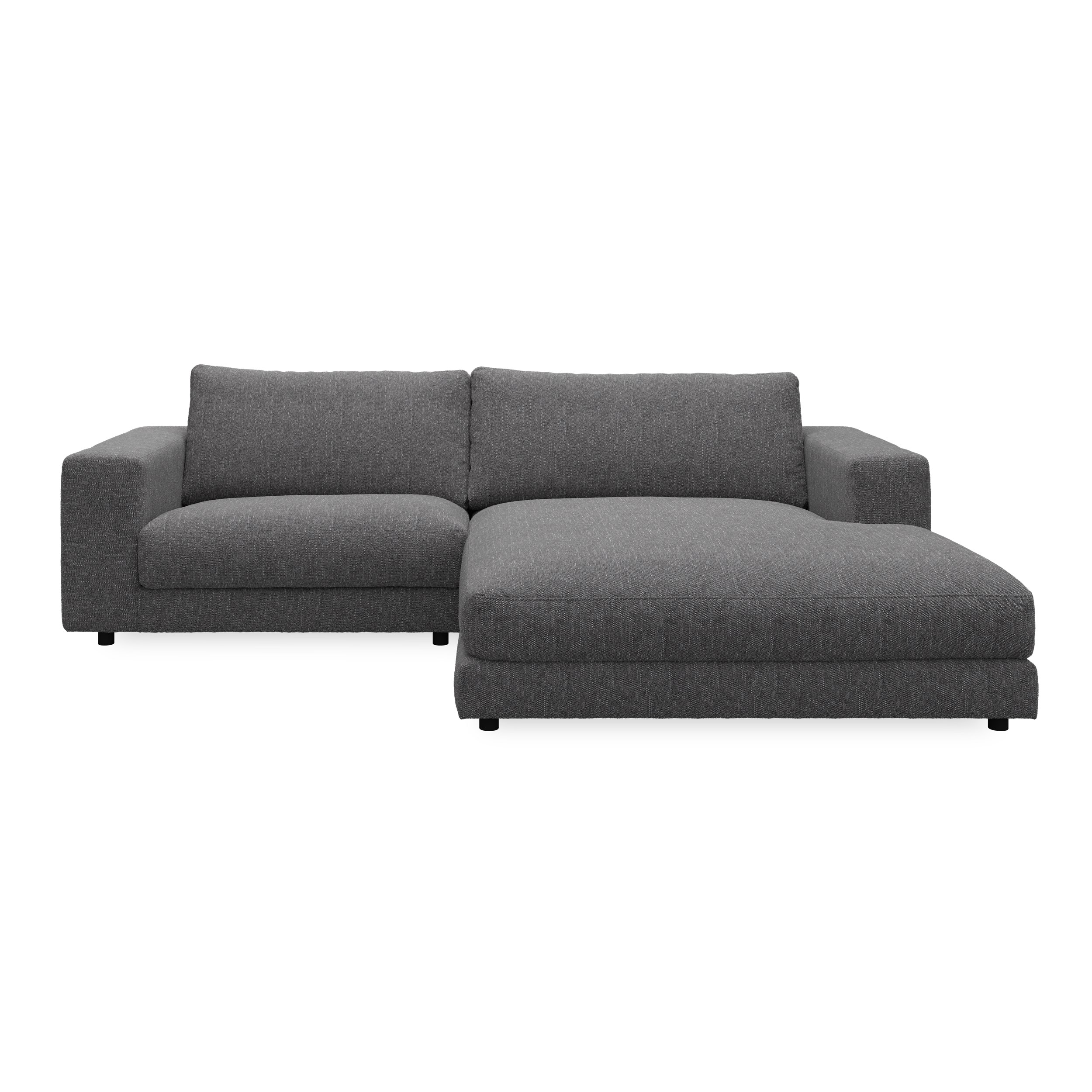 Bennent högervänd soffa med schäslong - Yelda Grey klädsel, ben i svart plast och S:skum/fib/din/sili R:Dun/skum