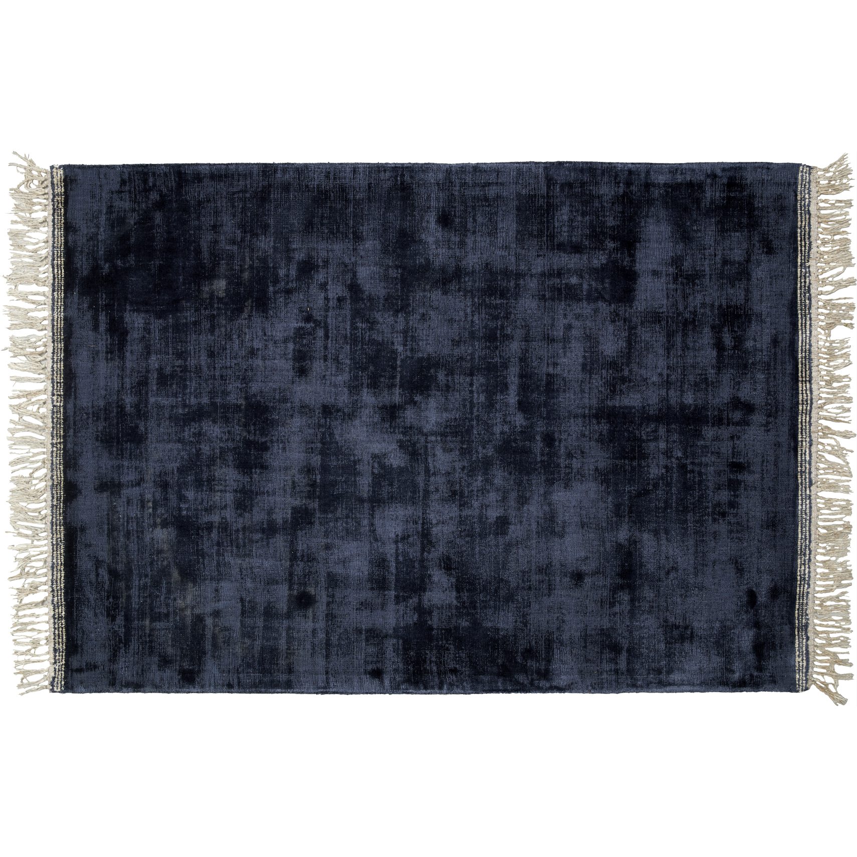 Topaz Tuftad matta 170 x 240 cm - Mörkblå ull/viskos, stickmönster/prickmönster och off-white fransar